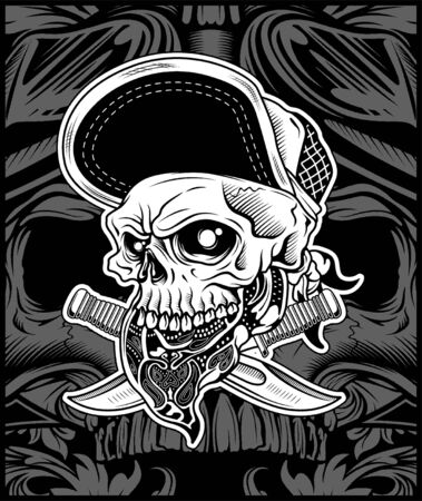 The skull head wearing bandana and hat, for t-shirt design artwork art print or underground music scene graphic needed - Vectorのイラスト素材