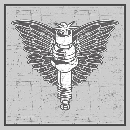 vintage grunge style spark plug with wing-vectorのイラスト素材