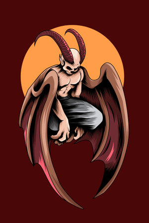 Demon skull with moon vector illustrationのイラスト素材
