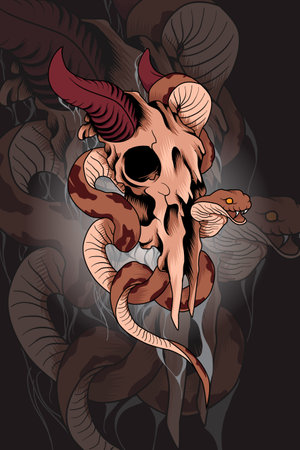 Cow skull with snake vector illustrationのイラスト素材