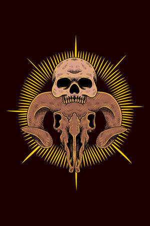 Goat skull with human skull vector illustrationのイラスト素材
