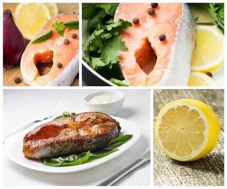 Fresh and Grilled Salmon Steak with Ingredients. Set of imagesの写真素材