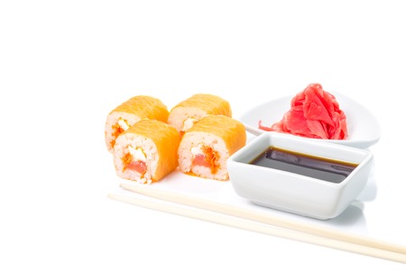 Seafood sushi in white plate isolated on white backgroundの写真素材
