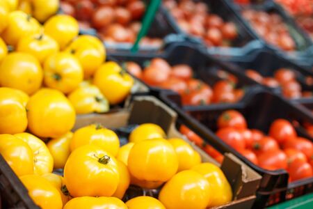 Crates full of ripe tomatoes in the supermarket. Vegetable store backgroundの写真素材