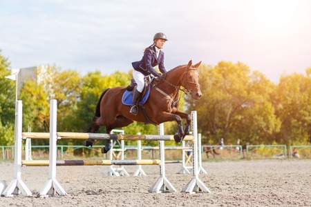 Young rider girl performing jump at horse show jumping competition. Equestrian sport backgroundの写真素材