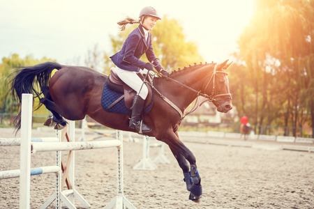 Young rider girl performing jump at horse show jumping competition. Equestrian sport background. Warm color toned imageの写真素材
