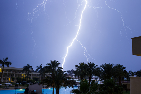Tropical storm with lightning in hotel resortの写真素材