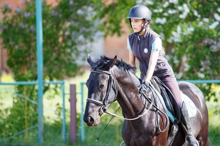 Young rider girl on horse at dressage competitionの写真素材