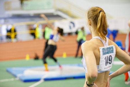 SUMY, UKRAINE - FEBRUARY 9, 2018: Hanna Nelepa standing in shot put sector in pentathlon competition of Ukrainian indoor track and field championship 2018のeditorial素材