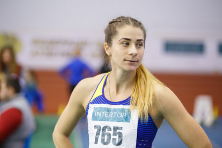 SUMY, UKRAINE - FEBRUARY 9, 2018: Asya Bardis ukrainian sportswoman on pentathlon competitions of Ukrainian indoor track and field championship 2018のeditorial素材