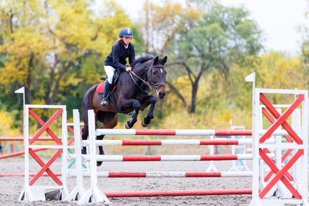 Young rider girl on bay horse jumping over barrier on equestrian sport competition. Horseback girl on show jumping contestの写真素材