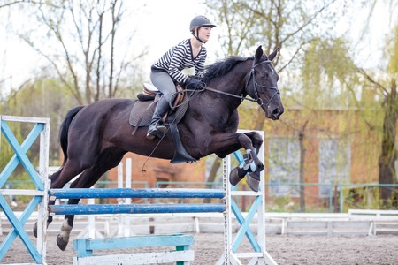 Young girl on horse jumping over hurdle on trialの写真素材
