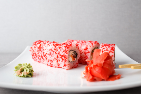 Close up philadelphia sushi roll with caviarの写真素材