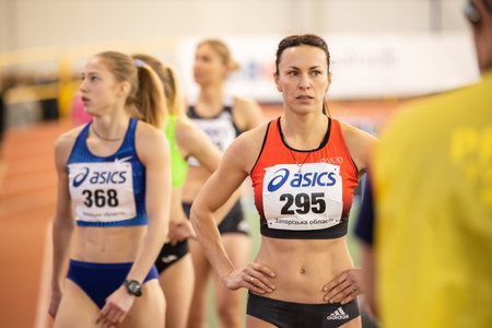 SUMY, UKRAINE - FEBRUARY 21, 2020: Hanna Kasyanova, pentathlon athlete, after hurdles sprint at Ukrainian indoor track and field championship 2020.のeditorial素材