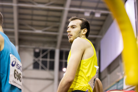 SUMY, UKRAINE - FEBRUARY 21, 2020: champion Ivan Budzynskyy after finish 400m race at Ukrainian...