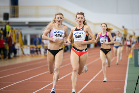 SUMY, UKRAINE - FEBRUARY 22, 2020: Orysya Demyanyuk champion of 1500m final race at Ukrainian indoor track and field championship 2020.のeditorial素材