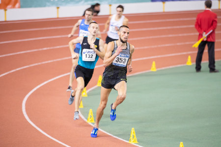 SUMY, UKRAINE - FEBRUARY 22, 2020: Oleh Kayafa champion in 1500m final race at Ukrainian indoor...