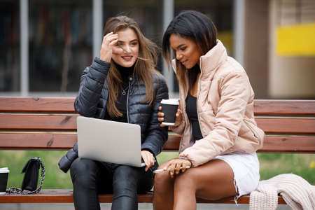Two female friends using laptop for chatting on the Internetの写真素材