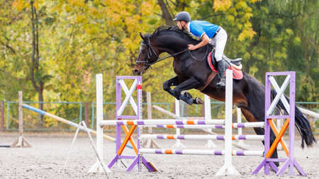 Young man jumps a horse on show jumping eventの写真素材
