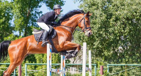 Young rider man jumping over the barrierの写真素材