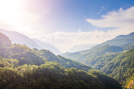 Dreamy landscape of mountains near Tara canyon in Montenegroの写真素材