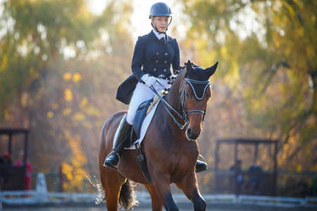 Teenage girl riding horse on equestrian dressage test in autumnの写真素材