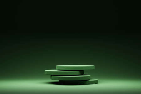 3D rendered green podium of four floating cylinders for your product showcase.の写真素材