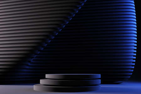 Abstract background striped geometric waveform wall with podium at foreground. 3d renderの写真素材