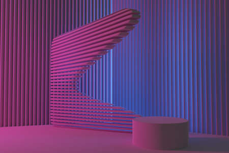 Abstract background striped geometric waveform wall with podium at foreground. 3d renderの写真素材