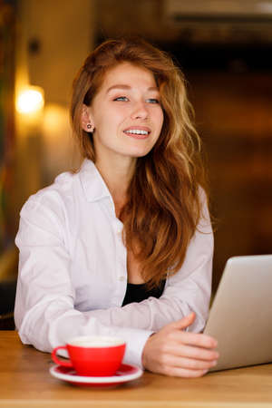 Young red-haired beautiful smiling businesswoman working with laptopの写真素材