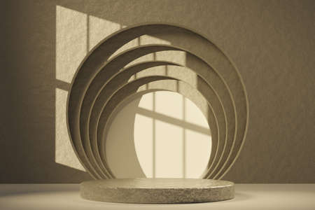 Golden textured podium against plaster textured wall with circular holes sunlit through window. 3d rendering background for product presentationの写真素材