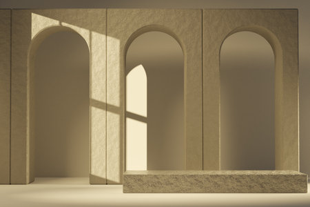 Abstract wall with archways and block podium sunlit through the window. 3d rendering background for product presentationの写真素材