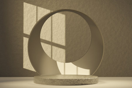 Golden textured podium against plaster textured wall with circular holes sunlit through window. 3d rendering background for product presentationの写真素材