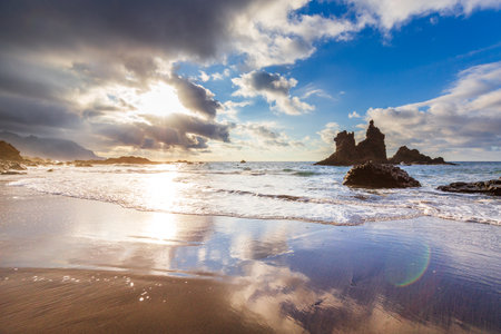 Dramatic sunset view of Benijo beach on Tenerife island, Spainの写真素材