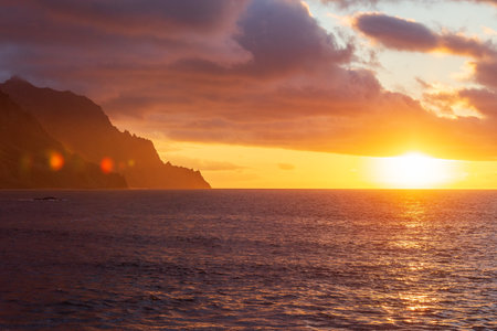 Sunset seascape at cliff shore of north of Tenerife island. Spainの写真素材