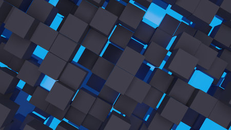 3d rendering abstract background of randomly positioned black and blue cubes.の写真素材