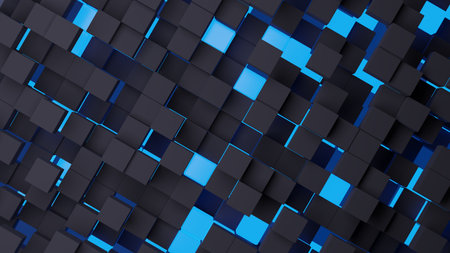 3d rendering abstract background of randomly positioned black and blue cubes.の写真素材