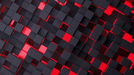 3d rendering abstract background of randomly positioned black and red cubes.の写真素材