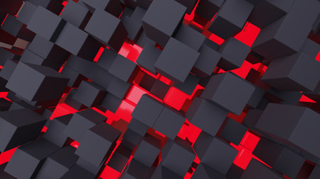 3d rendering abstract background of randomly positioned black and red cubes.の写真素材