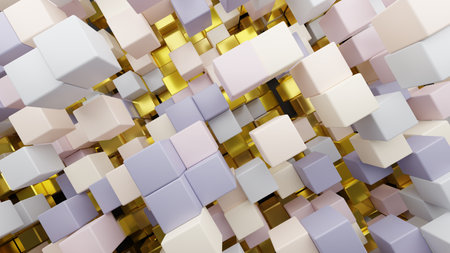 3D rendering background of light-colored and golden random shuffled cubesの写真素材