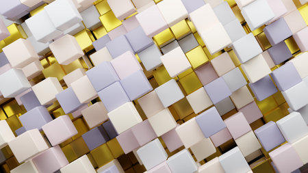 3D rendering background of light-colored and golden random shuffled cubesの写真素材