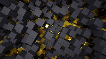 3d rendering abstract background of randomly positioned black and golden cubes.の写真素材