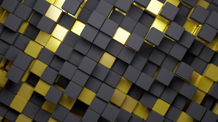 3d rendering abstract background of randomly positioned black and golden cubes.の写真素材
