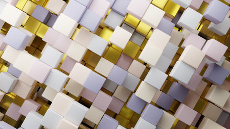 3D rendering background of light-colored and golden random shuffled cubesの写真素材