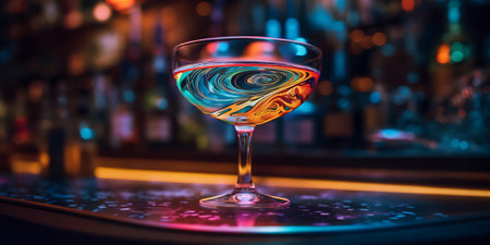 Bright cosmic cocktail in tall glass on bar top, with colorful turbulence, AI generatedの素材