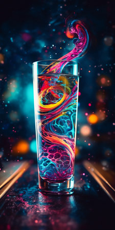 Bright cosmic cocktail in tall glass on bar top, with colorful turbulence, AI generatedの素材