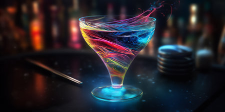 Bright cosmic cocktail in tall glass on bar top, with colorful turbulence, AI generatedの素材