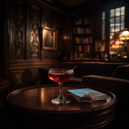 Cozy, dimly lit bar with rich, wood-paneled walls and a beautifully crafted Manhattan cocktail resting on the bar. AI generatedの素材