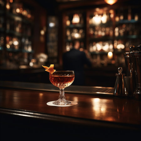 Cozy, dimly lit bar with rich, wood-paneled walls and a beautifully crafted Manhattan cocktail resting on the bar. AI generatedの素材