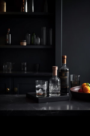 Minimalistic bar setup with some bottles and glasses on the counter. AI generated imageの素材